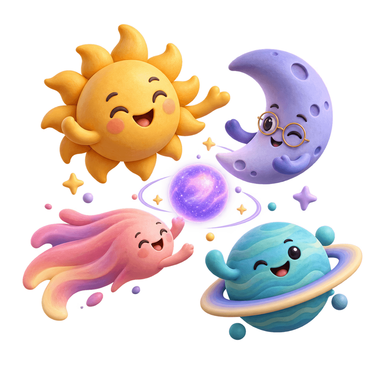 Friendly cartoon Sun, Moon, comet, and planet exploring the cosmos