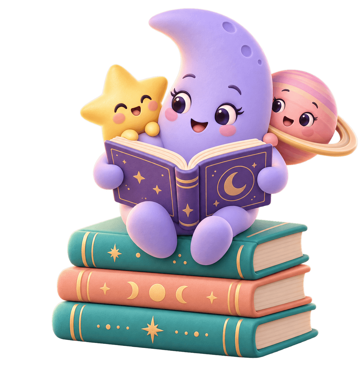 Moon, star, and planet friends reading together